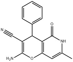 2-amino-7-methyl-5-oxo-4-phenyl-4,6-dihydropyrano[3,2-c]pyridine-3-carbonitrile Struktur