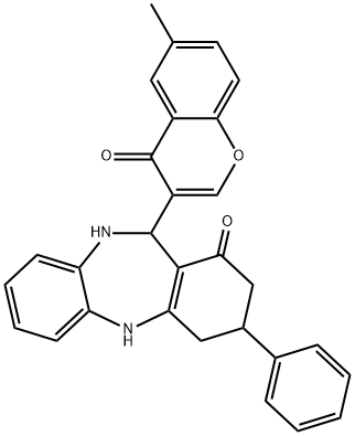 11-(6-methyl-4-oxo-4H-chromen-3-yl)-3-phenyl-2,3,4,5,10,11-hexahydro-1H-dibenzo[b,e][1,4]diazepin-1-one Struktur