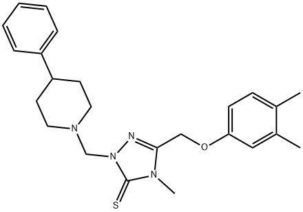 5-[(3,4-dimethylphenoxy)methyl]-4-methyl-2-[(4-phenylpiperidin-1-yl)methyl]-1,2,4-triazole-3-thione Struktur