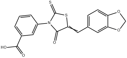 (E)-3-(5-(benzo[d][1,3]dioxol-5-ylmethylene)-4-oxo-2-thioxothiazolidin-3-yl)benzoic acid Struktur