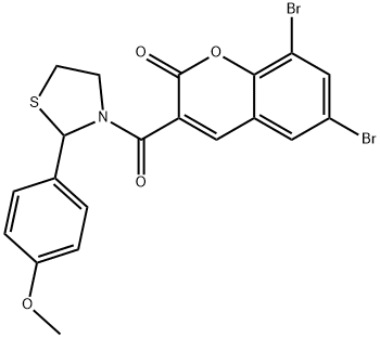 6,8-dibromo-3-(2-(4-methoxyphenyl)thiazolidine-3-carbonyl)-2H-chromen-2-one Struktur