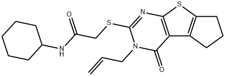 2-((3-allyl-4-oxo-3,5,6,7-tetrahydro-4H-cyclopenta[4,5]thieno[2,3-d]pyrimidin-2-yl)thio)-N-cyclohexylacetamide Struktur