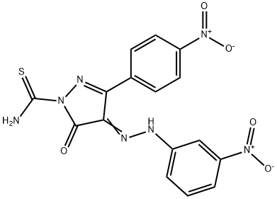 3-(4-nitrophenyl)-4-[(3-nitrophenyl)hydrazono]-5-oxo-4,5-dihydro-1H-pyrazole-1-carbothioamide Struktur