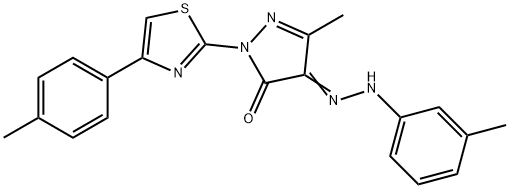 5-methyl-4-[(3-methylphenyl)hydrazono]-2-[4-(4-methylphenyl)-1,3-thiazol-2-yl]-2,4-dihydro-3H-pyrazol-3-one Struktur