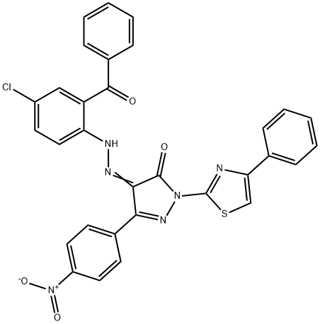 4-[(2-benzoyl-4-chlorophenyl)hydrazono]-5-(4-nitrophenyl)-2-(4-phenyl-1,3-thiazol-2-yl)-2,4-dihydro-3H-pyrazol-3-one Struktur