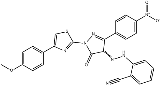 2-{2-[1-[4-(4-methoxyphenyl)-1,3-thiazol-2-yl]-3-(4-nitrophenyl)-5-oxo-1,5-dihydro-4H-pyrazol-4-ylidene]hydrazino}benzonitril Struktur