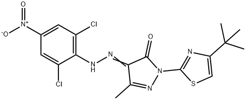 2-(4-tert-butyl-1,3-thiazol-2-yl)-4-[(2,6-dichloro-4-nitrophenyl)hydrazono]-5-methyl-2,4-dihydro-3H-pyrazol-3-one Struktur