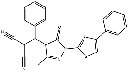 [[3-methyl-5-oxo-1-(4-phenyl-1,3-thiazol-2-yl)-4,5-dihydro-1H-pyrazol-4-yl](phenyl)methyl]malononitrile Struktur