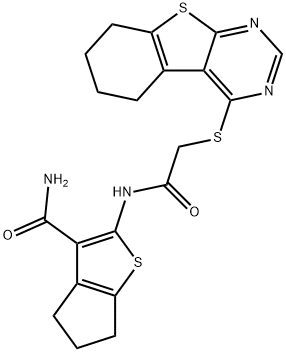 2-(2-((5,6,7,8-tetrahydrobenzo[4,5]thieno[2,3-d]pyrimidin-4-yl)thio)acetamido)-5,6-dihydro-4H-cyclopenta[b]thiophene-3-carboxamide Struktur