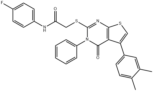 2-((5-(3,4-dimethylphenyl)-4-oxo-3-phenyl-3,4-dihydrothieno[2,3-d]pyrimidin-2-yl)thio)-N-(4-fluorophenyl)acetamide Struktur