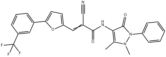 (E)-2-cyano-N-(1,5-dimethyl-3-oxo-2-phenyl-2,3-dihydro-1H-pyrazol-4-yl)-3-(5-(3-(trifluoromethyl)phenyl)furan-2-yl)acrylamide Struktur