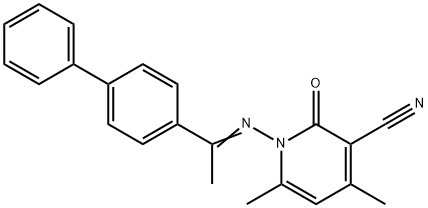 1-{[1-(4-biphenylyl)ethylidene]amino}-4,6-dimethyl-2-oxo-1,2-dihydro-3-pyridinecarbonitrile Struktur