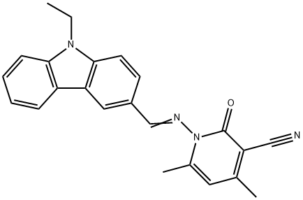 1-{[(9-ethyl-9H-carbazol-3-yl)methylene]amino}-4,6-dimethyl-2-oxo-1,2-dihydro-3-pyridinecarbonitrile Struktur