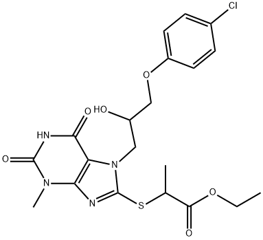 ethyl 2-((7-(3-(4-chlorophenoxy)-2-hydroxypropyl)-3-methyl-2,6-dioxo-2,3,6,7-tetrahydro-1H-purin-8-yl)thio)propanoate Struktur