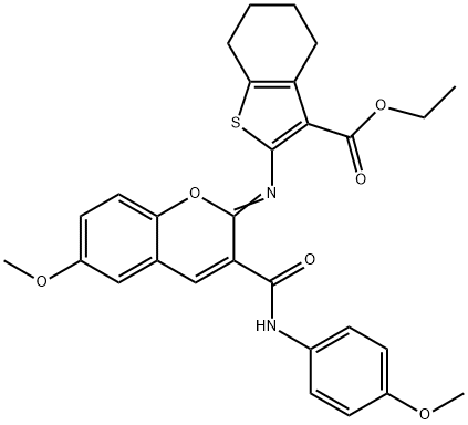 ethyl (Z)-2-((6-methoxy-3-((4-methoxyphenyl)carbamoyl)-2H-chromen-2-ylidene)amino)-4,5,6,7-tetrahydrobenzo[b]thiophene-3-carboxylate Struktur