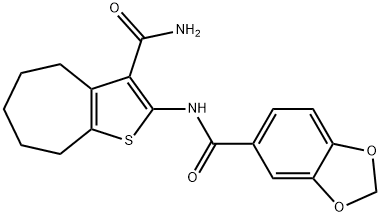 N-(3-carbamoyl-5,6,7,8-tetrahydro-4H-cyclohepta[b]thiophen-2-yl)-1,3-benzodioxole-5-carboxamide Struktur