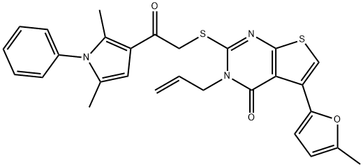 3-allyl-2-((2-(2,5-dimethyl-1-phenyl-1H-pyrrol-3-yl)-2-oxoethyl)thio)-5-(5-methylfuran-2-yl)thieno[2,3-d]pyrimidin-4(3H)-one Struktur