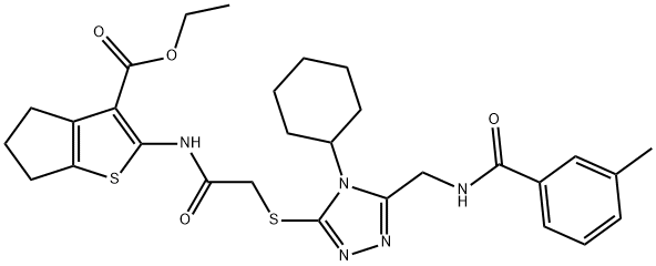 ethyl 2-(2-((4-cyclohexyl-5-((3-methylbenzamido)methyl)-4H-1,2,4-triazol-3-yl)thio)acetamido)-5,6-dihydro-4H-cyclopenta[b]thiophene-3-carboxylate Struktur