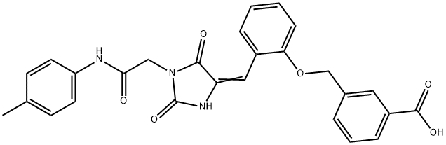 3-({2-[(E)-(1-{2-[(4-methylphenyl)amino]-2-oxoethyl}-2,5-dioxoimidazolidin-4-ylidene)methyl]phenoxy}methyl)benzoic acid Struktur