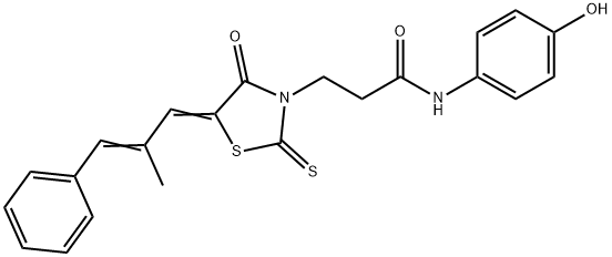 N-(4-hydroxyphenyl)-3-((Z)-5-((E)-2-methyl-3-phenylallylidene)-4-oxo-2-thioxothiazolidin-3-yl)propanamide Struktur