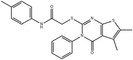 2-((5,6-dimethyl-4-oxo-3-phenyl-3,4-dihydrothieno[2,3-d]pyrimidin-2-yl)thio)-N-(p-tolyl)acetamide Struktur