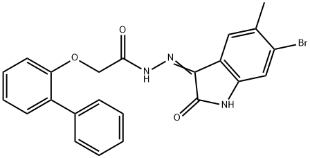 2-(2-biphenylyloxy)-N'-(6-bromo-5-methyl-2-oxo-1,2-dihydro-3H-indol-3-ylidene)acetohydrazide Struktur