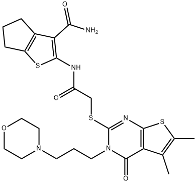 2-[[2-[5,6-dimethyl-3-(3-morpholin-4-ylpropyl)-4-oxothieno[2,3-d]pyrimidin-2-yl]sulfanylacetyl]amino]-5,6-dihydro-4H-cyclopenta[b]thiophene-3-carboxamide Struktur