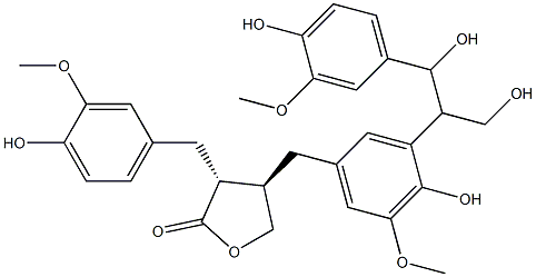 2(3H)-Furanone,dihydro-4-[[4-hydroxy-3-[2-hydroxy-2-(4-hydroxy-3-methoxyphenyl)-1-(hydroxymethyl)ethyl]-5-methoxyphenyl]methyl]-3-[(4-hydroxy-3-methoxyphenyl)methyl]-,(3R,4R)- Struktur