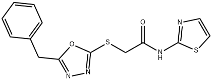 2-((5-benzyl-1,3,4-oxadiazol-2-yl)thio)-N-(thiazol-2-yl)acetamide Struktur