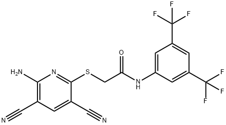 2-[(6-amino-3,5-dicyanopyridin-2-yl)sulfanyl]-N-[3,5-bis(trifluoromethyl)phenyl]acetamide Struktur