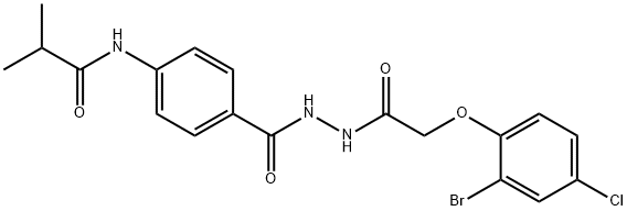 N-[4-({2-[(2-bromo-4-chlorophenoxy)acetyl]hydrazino}carbonyl)phenyl]-2-methylpropanamide Struktur