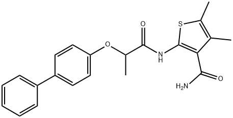 2-{[2-(4-biphenylyloxy)propanoyl]amino}-4,5-dimethyl-3-thiophenecarboxamide Struktur