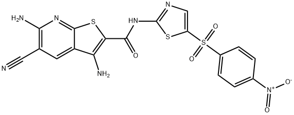 3,6-diamino-5-cyano-N-{5-[(4-nitrophenyl)sulfonyl]-1,3-thiazol-2-yl}thieno[2,3-b]pyridine-2-carboxamide Struktur