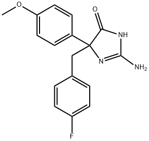 2-amino-5-[(4-fluorophenyl)methyl]-5-(4-methoxyphenyl)-4,5-dihydro-1H-imidazol-4-one Struktur