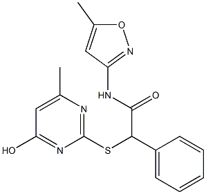 2-[(4-hydroxy-6-methylpyrimidin-2-yl)sulfanyl]-N-(5-methyl-1,2-oxazol-3-yl)-2-phenylacetamide Struktur