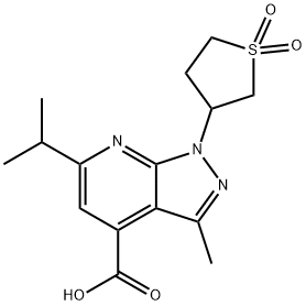 1-(1,1-Dioxo-tetrahydro-1l6-thiophen-3-yl)-6-isopropyl-3-methyl-1H-pyrazolo[3,4-b]pyridine-4-carboxylic acid Struktur