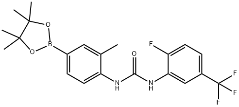 1-(2-Fluoro-5-trifluoromethyl-phenyl)-3-[2-methyl-4-(4,4,5,5-tetramethyl-[1,3,2]dioxaborolan-2-yl)-phenyl]-urea Struktur