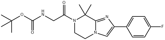 tert-butyl (2-(2-(4-fluorophenyl)-8,8-dimethyl-5,6-dihydroimidazo[1,2-a]pyrazin-7(8H)-yl)-2-oxoethyl)carbamate Struktur