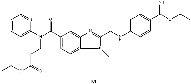 ethyl 3-(2-(((4-(ethoxy(imino)methyl)phenyl)amino)methyl)-1-methyl-N-(pyridin-2-yl)-1H-benzo[d]imidazole-5-carboxamido)propanoate hydrochloride Struktur