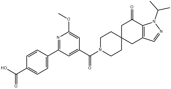 4-(4-(1-isopropyl-7-oxo-1,4,6,7-tetrahydrospiro[indazole-5,4'-piperidine]-1'-carbonyl)-6-methoxypyridin-2-yl)benzoicacid Struktur