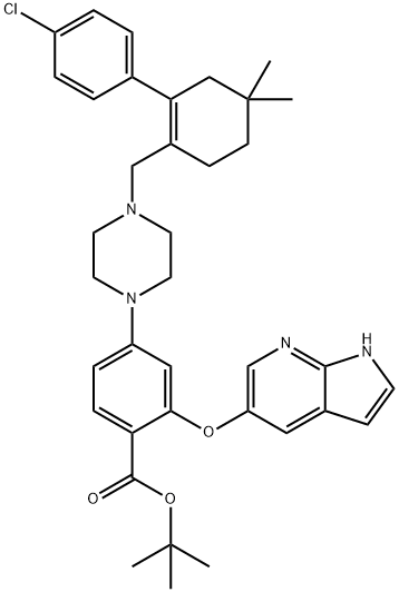 Benzoic acid, 4-[4-[[2-(4-chlorophenyl)-4,4-dimethyl-1-cyclohexen-1-yl]methyl]-1-piperazinyl]-2-(1H-pyrrolo[2,3-b]pyridin-5-yloxy)-, 1,1-dimethylethyl ester Struktur