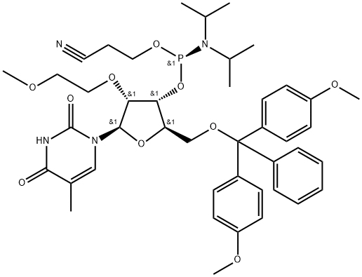 (R)-5'-O-[Bis(4-methoxyphenyl)phenylmethyl]-2'-O-(2-methoxyethyl)-5-methyluridine 3'-[2-cyanoethyl bis(1-methylethyl)phosphoramidite] Struktur