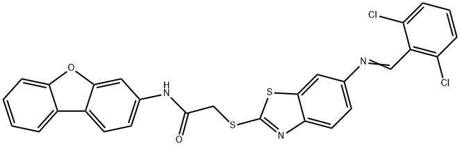 (E)-N-(dibenzo[b,d]furan-3-yl)-2-((6-((2,6-dichlorobenzylidene)amino)benzo[d]thiazol-2-yl)thio)acetamide Struktur