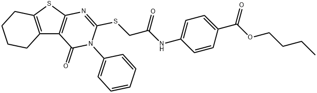 butyl 4-(2-((4-oxo-3-phenyl-3,4,5,6,7,8-hexahydrobenzo[4,5]thieno[2,3-d]pyrimidin-2-yl)thio)acetamido)benzoate Struktur