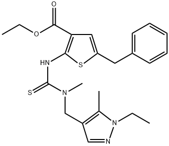 ethyl 5-benzyl-2-(3-((1-ethyl-5-methyl-1H-pyrazol-4-yl)methyl)-3-methylthioureido)thiophene-3-carboxylate Struktur