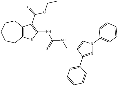 ethyl 2-(3-((1,3-diphenyl-1H-pyrazol-4-yl)methyl)thioureido)-5,6,7,8-tetrahydro-4H-cyclohepta[b]thiophene-3-carboxylate Struktur