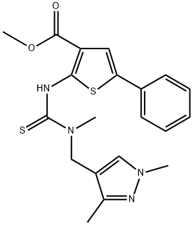 methyl 2-(3-((1,3-dimethyl-1H-pyrazol-4-yl)methyl)-3-methylthioureido)-5-phenylthiophene-3-carboxylate Struktur