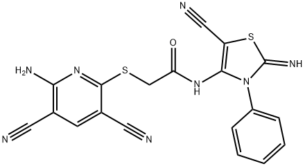 2-[(6-amino-3,5-dicyanopyridin-2-yl)sulfanyl]-N-(5-cyano-2-imino-3-phenyl-2,3-dihydro-1,3-thiazol-4-yl)acetamide Struktur