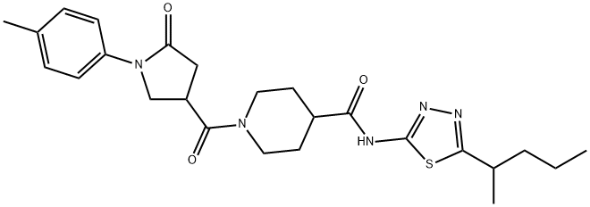 1-{[1-(4-methylphenyl)-5-oxopyrrolidin-3-yl]carbonyl}-N-[5-(pentan-2-yl)-1,3,4-thiadiazol-2-yl]piperidine-4-carboxamide Struktur