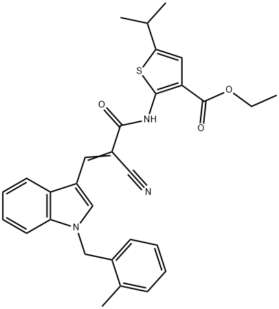 (E)-ethyl 2-(2-cyano-3-(1-(2-methylbenzyl)-1H-indol-3-yl)acrylamido)-5-isopropylthiophene-3-carboxylate Struktur